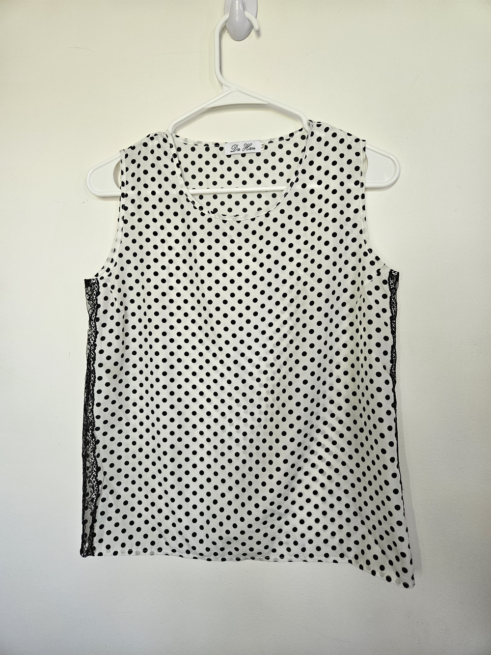 Da Han Polka Dot Sleeveless Top with Black Lace Side Panels Size M